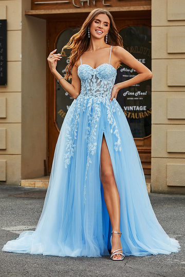 Tulle A-Line Spaghetti Straps Azzurro Abito da ballo lungo corsetto con applicazioni